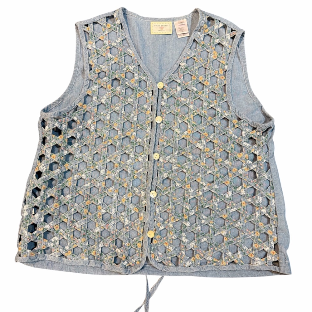 Vintage Susan‎ Bristol Casuals Blue Patchwork Lace Vest | 90s Boho Cotton | L